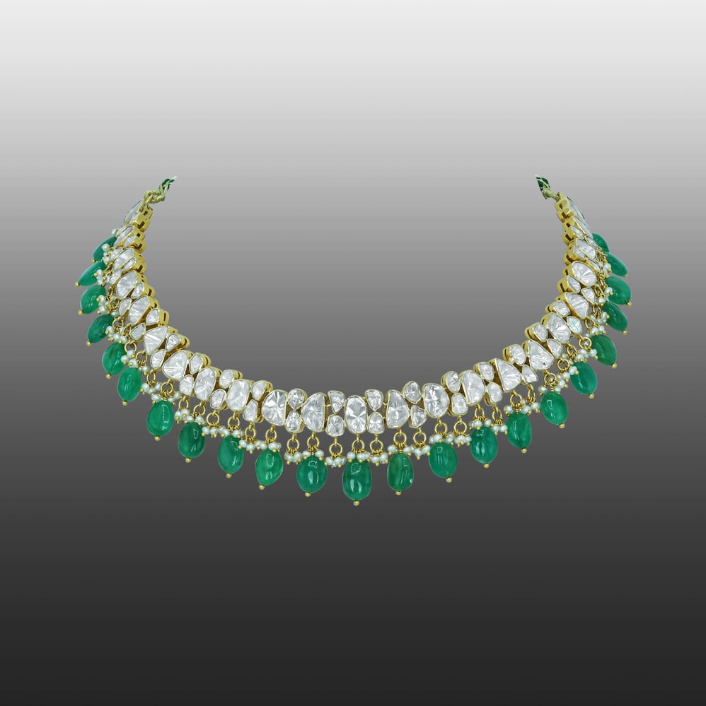 Open Polki Diamond Necklace with Emerald Drops